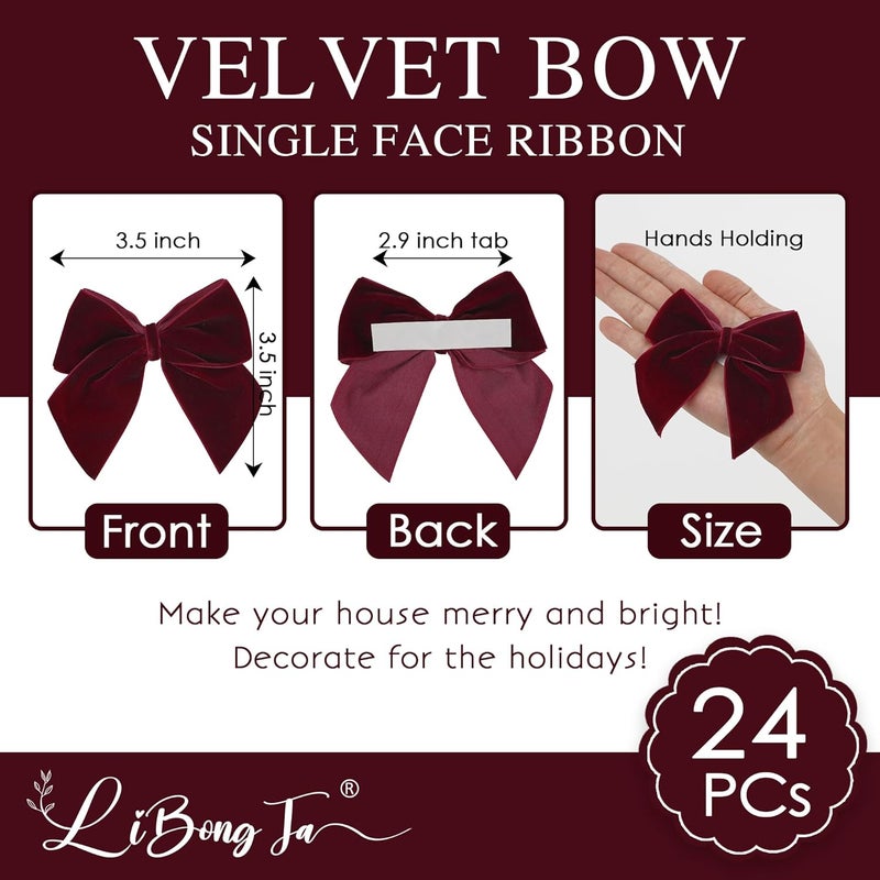 LiBongTa 3.5" Maroon Bows Velvet Ribbon Bow with Self Adhesive, Small Gift Bows Decor, Dark Red Christmas Bows for Treat Bags, Candy Pop, Basket, Party Favor, Craft Bow for Gift Wrapping-24 PCs - Image 2